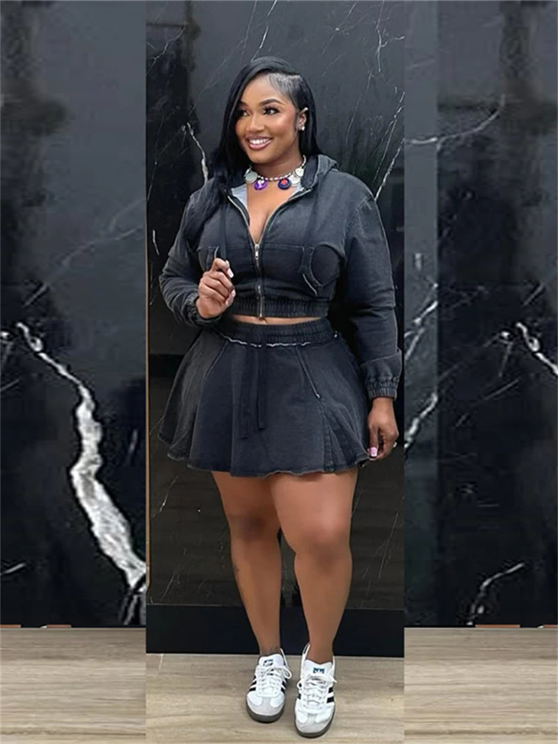 Streetwear Denim 2 Piece Sets Women Outfit Spring Clothing Women Full Sleeve Hooded Crop Top Pleated Skirt Sets Jean Dress Sets