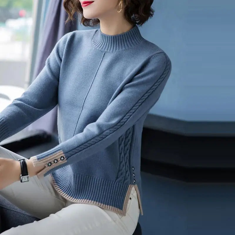 Stylish Stand Collar Button Knitted Spliced Korean Sweater Women's Clothing 2022 Autumn New  Casual pullovers Loose Commute Tops