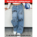 2026 Children's Cute Shy Bear Light Blue Imitation Jeans Children's Soft and Playful Funny Girls' Casual Style Long Pants