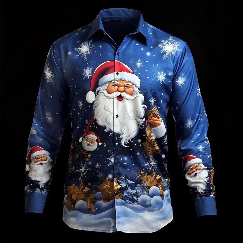 Christmas Fireworks: Santa Print Men's Long Sleeve Shirt, Men's Fashionable Party Christmas Shirt, Four Seasons Casual Men's Shi