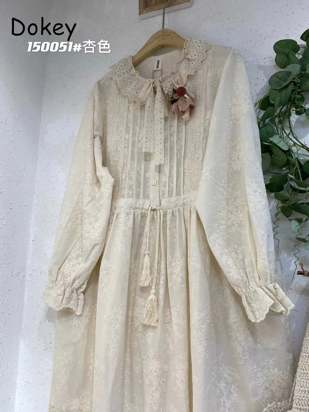 Vintage Embroidery Long Sleeve Cotton Linen Dresses Women Japanese Mori Girl Ruffled Lace Collar Loose Midi Dress Casual Vestido