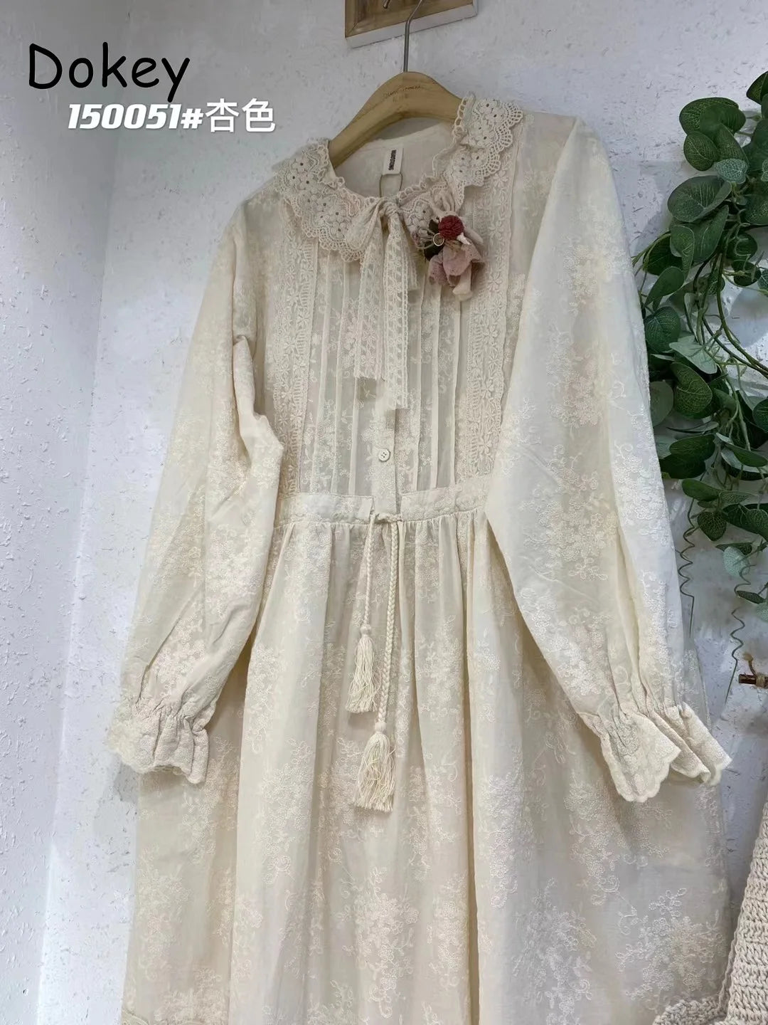 Vintage Embroidery Long Sleeve Cotton Linen Dresses Women Japanese Mori Girl Ruffled Lace Collar Loose Midi Dress Casual Vestido