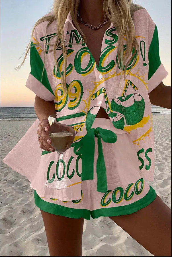 Fashion Print Beach Holiday Set For Women Summer New Short Sleeve Buttoned Shirt Wide Legs Shorts Oversized Two Piece Set