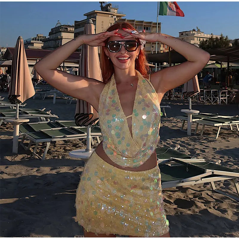 Sequins Halter Hollow Out Dress Women's Sexy Backless Sleeveless Contrast Color Mini Dresses 2026 Summer New Lady Beach Robes