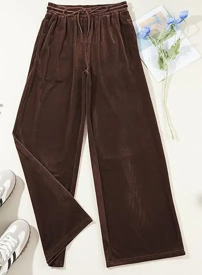 Women's High Waist Velvet Wide Leg Pants Drawstring Elastic Waist Loose Casual Trousers Autumn Winter Solid Color Long Pants B