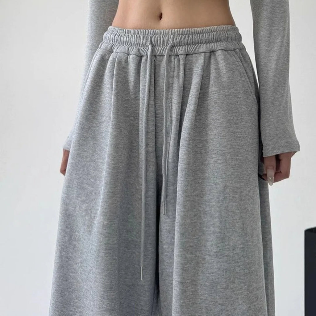 Women's Drawstring Wide Leg Sweatpants Elastic Loose Straight Leg Casual Jogger Trousers with Pockets for Daily Streetwear Pants