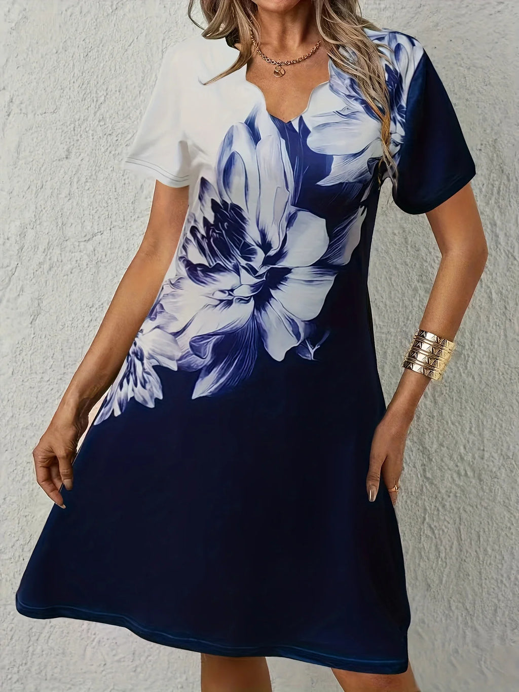 Women Floral Print Dress Wavy V Neck Short Sleeve Casual Summer Party Dresses Ladies Loose Tunic Dress