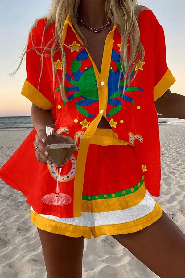 Fashion Print Beach Holiday 2-Piece Set Women Summer Short Sleeve Shirt Top + Wide Legs Short Women's Oversized Two-Piece Outfit