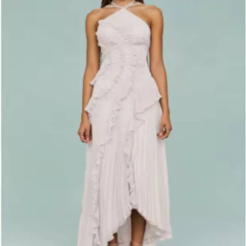 Gown Neck Strap Irregular Long Dress For Women Ruffle Sleeveless High Waist Backless Dresses 2025 New Summer Elegant Party Y2k