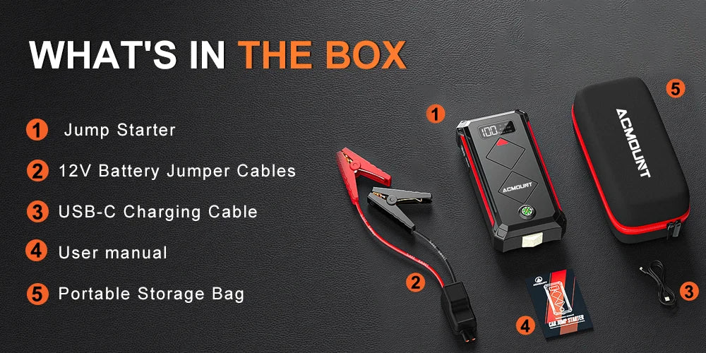 Acmount Car Jump Starter 5000A Peak Booster Battery Pack with LED Light for Up to 10.0L Gas or 8.0L Diesel Engine