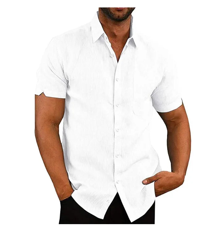 Men Pocket Blouse Tops Summer Male Turn Down Collar Button Short Sleeve Slim Solid Color Blouse Shirts YYCFS-19505