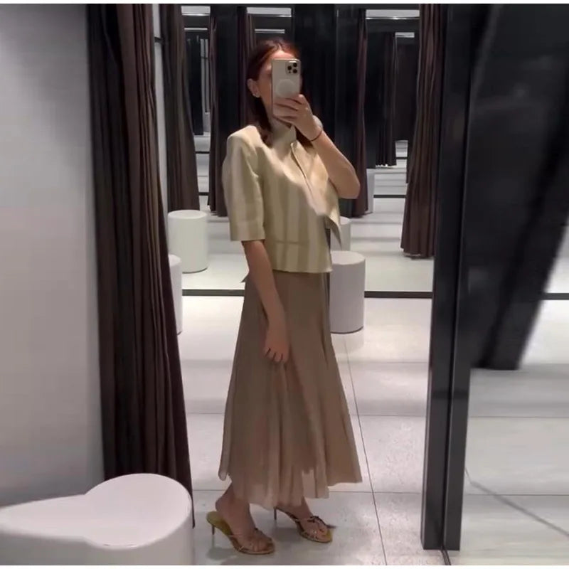 Women Chic Stripe Cropped Blazer Jacket Stand Collar 3/4 Sleeve Single Breasted Shoulder Pad Top 2026 Summer Fashion Street Coat