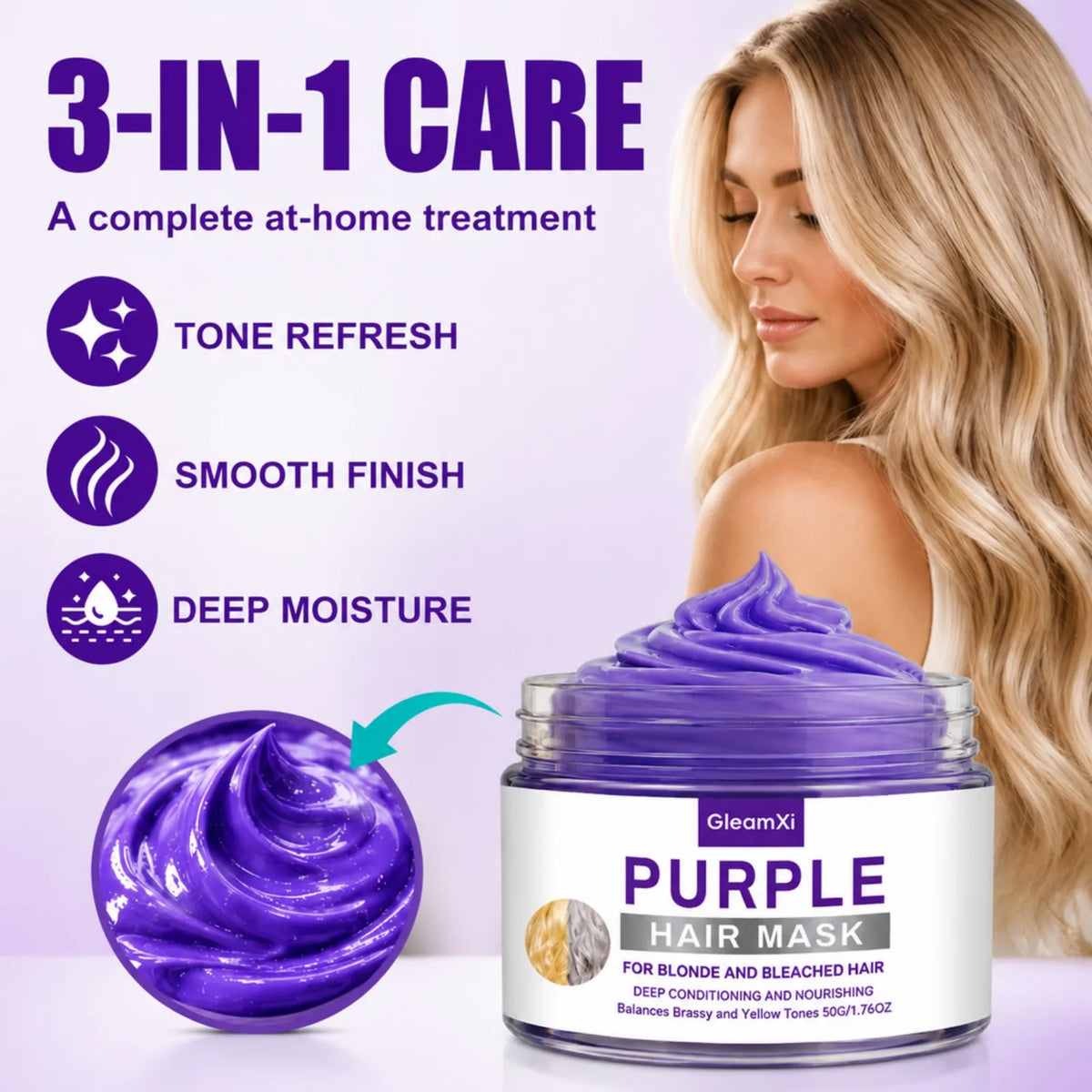 Purple Hair Mask for Blonde Bleached Hair Deep Repair Conditioning Neutralize Brass Yellow Tones Silky Soft Frizz Control 50g