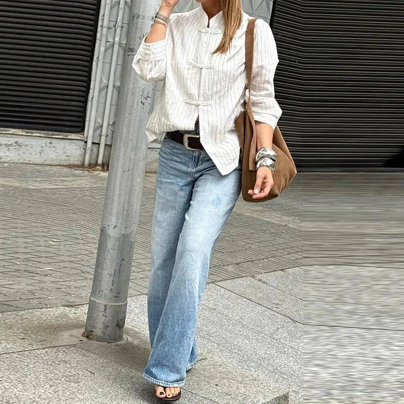 Loose Women's Frog Buttons Mandarin Shirts See Through Stand Collar Full Sleeve Blouses 2026 Summer Lady Cotton Linen Outwear