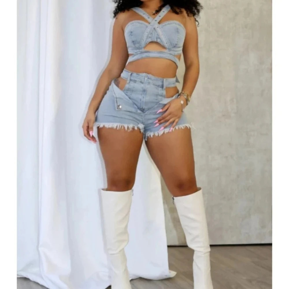 Fashion Denim Cutout Women's Set Wrap Strap Crop Top and Shorts Jeans 2026 Summer Two 2 Piece Sets Outfits Tracksuit