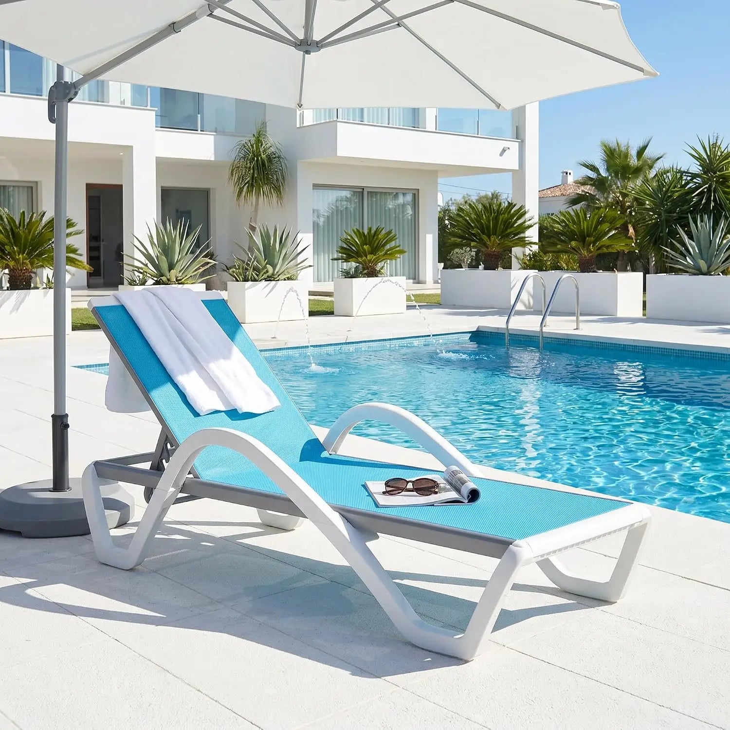 Stackable Plastic Chaise Lounge, 6-Position Reclining Flat Lay, PP & Textilene, Wheels, Outdoor Patio, Customized