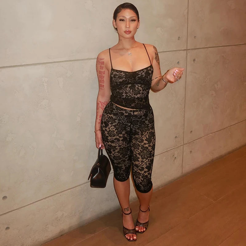 Sexy Women Hollow Out Spaghetti Strap Lace Capri Set Two-Piece Outfits Night Out Club Overalls Rave Outfits