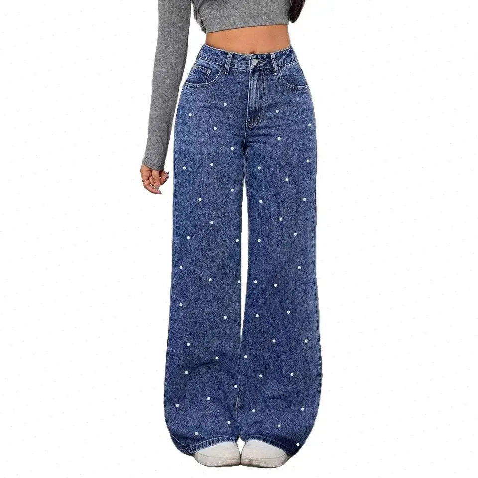 Denim Straight Pants Women Pearls Spliced Jeans High Waist Washed Basics Ankle Length Trousers Streetwear Pant Solid Autumn