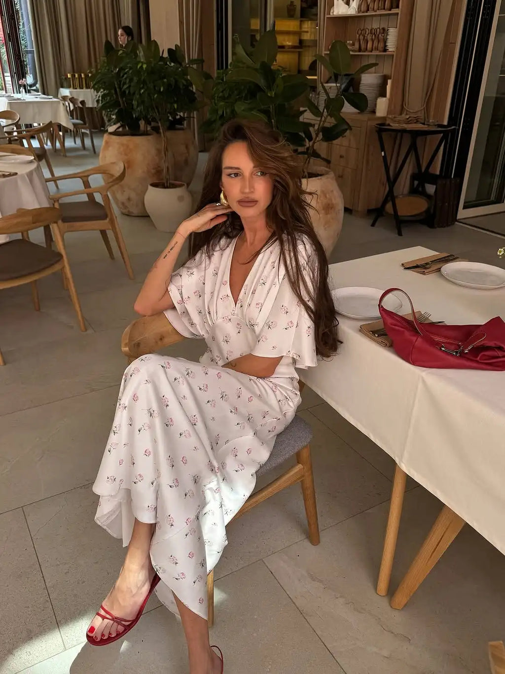 Organza Floral Printed Maxi Dress Women V Neck High Split Puff Sleeve Waist Cinching Ruffle Long Dresses Vacation Summer Outfits