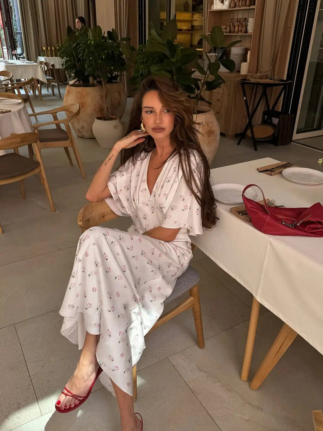 Organza Floral Printed Maxi Dress Women V Neck High Split Puff Sleeve Waist Cinching Ruffle Long Dresses Vacation Summer Outfits