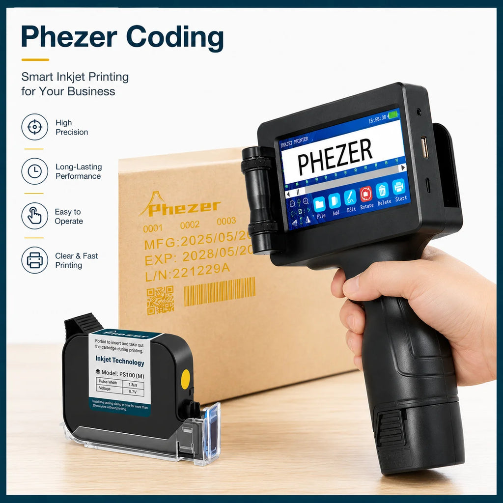 Phezer 12.7mm P17 Handheld Inkjet Printer and Yellow Ink Label Printer 28 Languages Date Number Expiry Date Logo QR Bar Batch