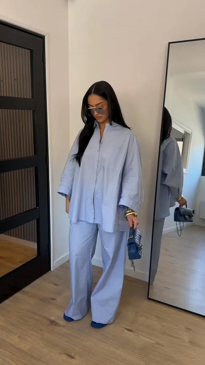 Loose Striped Contrast Wide Leg Pants Set Women Oversized Lapel Single Breasted Shirt Trousers 2026 Summer Lady Casual Outfits