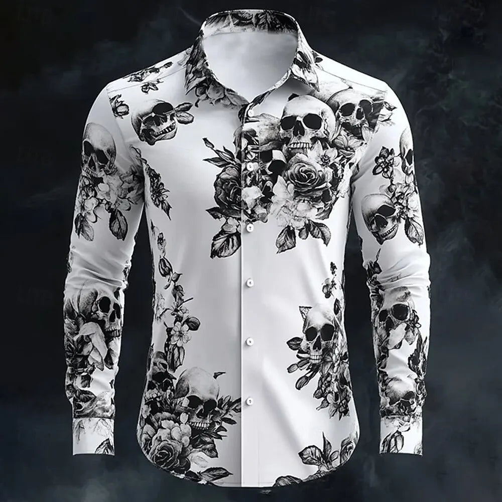 2025 Halloween Theme Men's Halloween Costumes Skulls Shirt Button Up Shirt Casual Dress Shirt Long Sleeve Dark Gothic Style Tops