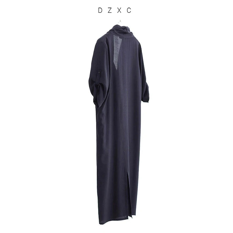 New Chinese-Style Dress~Draped Collar Navy Blue Pleated Dress, Summer Slimming and Elegant Long Dress for Women