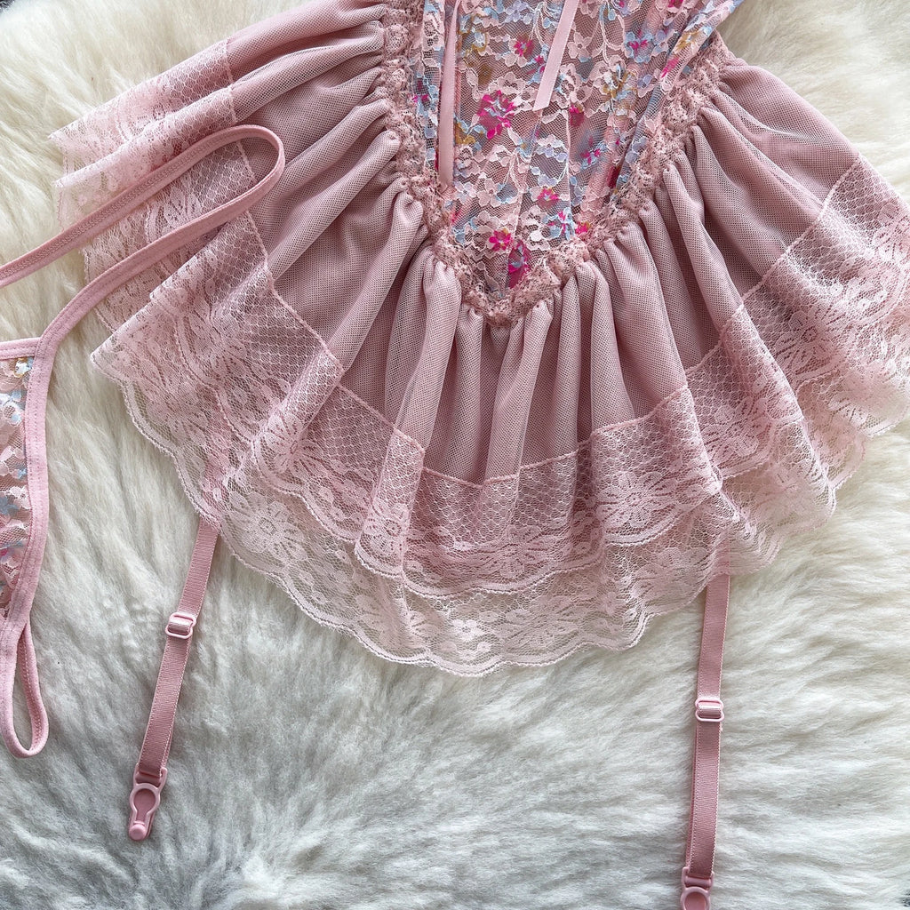 SINGREINY Strap Corset Lingerie Nightdress New Sleeveless Slim Floral Print Mini Nightwear Shapewear Mesh Lace Erotic Mini Dress