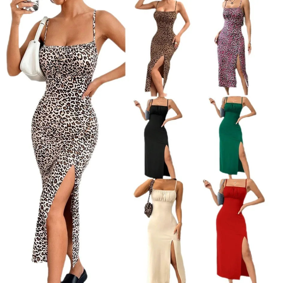 Elegant Women's Sleeveless Spaghetti Strap Long Leopard Print High Slit Backless Ruched Elastic Waist Party Dress for Women