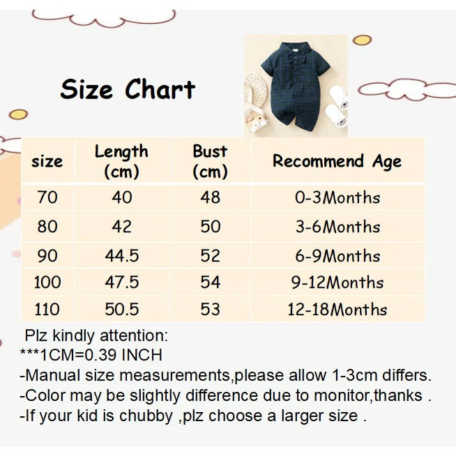 Baby Boy Jumpsuit Lapel Bow Checkered Short Sleeve Little Gentleman Jumpsuit for 0-18 Months Baby Boy Summer Fashion Clothing