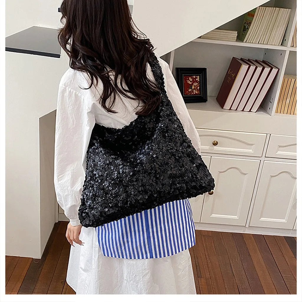 Women'S Sequined Tote Bag Medium-Soft Shoulder Tote Bag Large Capacity Tote Casual For Shopping Meeting Date