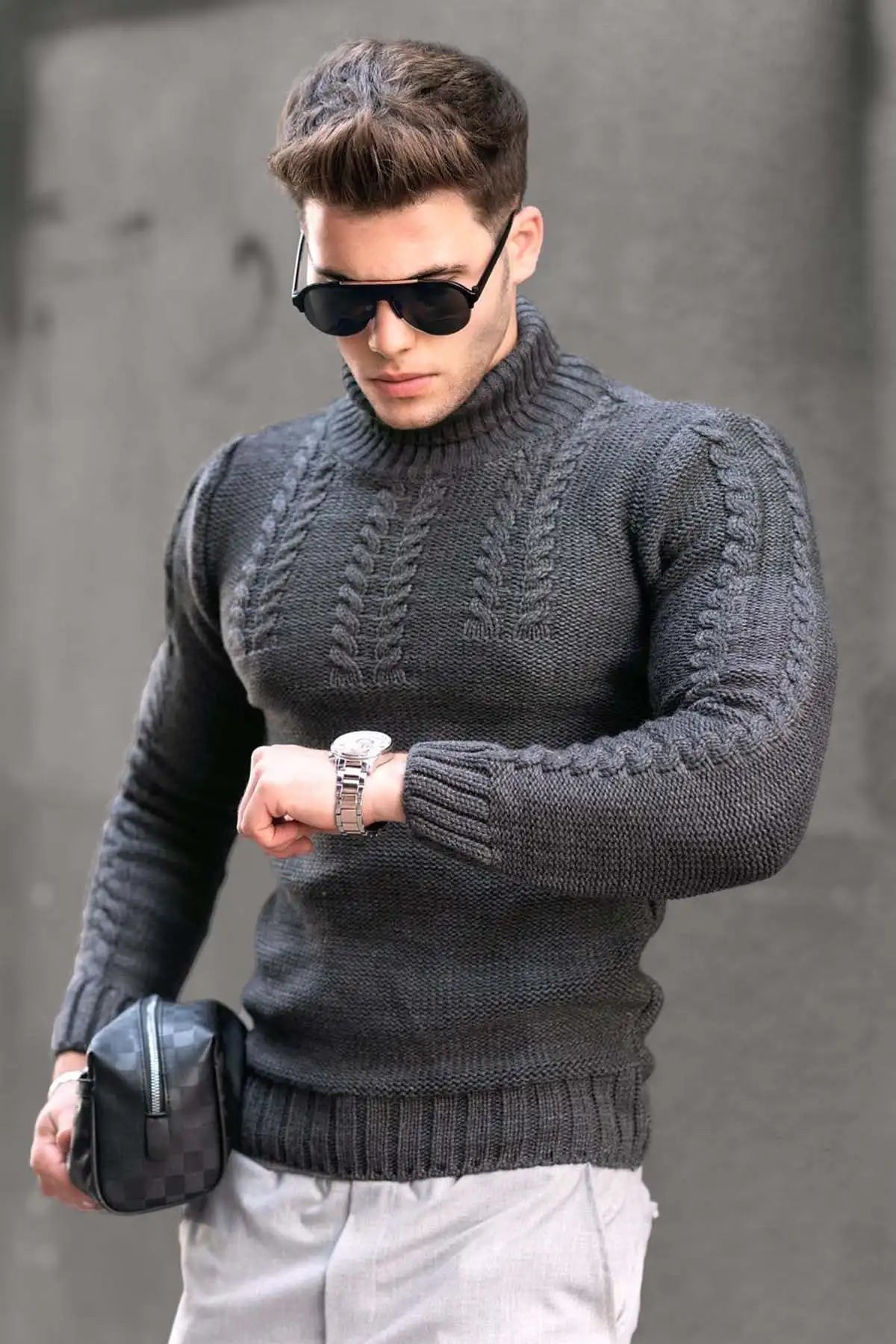 Pullovers Men Tops Turtleneck Sweaters Solid Knit Full Sleeve Casual Slim Fit Top Streetwear Thick Splice Sweater Autumn Winter