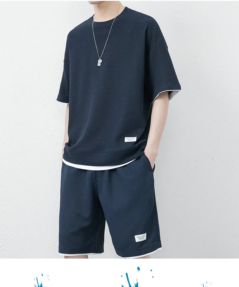 Summer Solid Waffle Tracksuits 2026 Men's Short Sleeve Shorts Casual Two Piece Sets Loose Breathable Men Clothes Joggers Outfits
