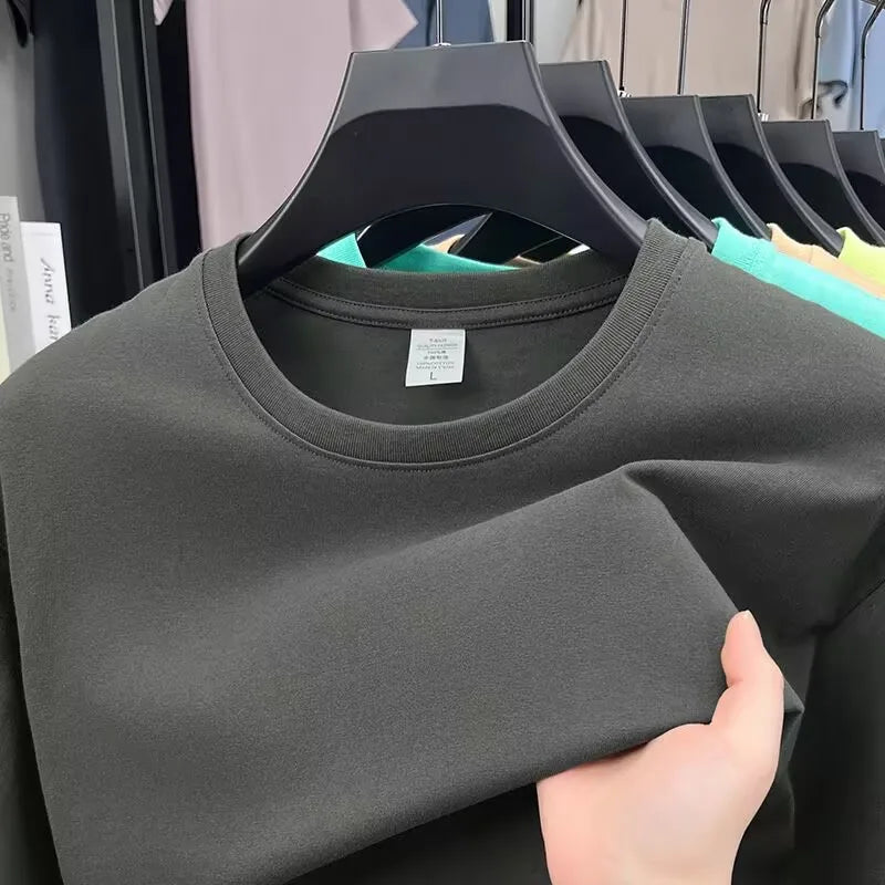 Summer 100% Cotton Men's T Shirt Bottoming Basic Fashion Short Sleeve Loose Tops Tees 230g/㎡