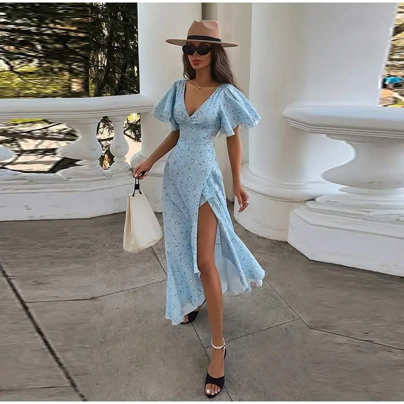 Elegant Women's Printed Lotus Leaf Long Dress Slim High Waist V-neck Short Flared Sleeve Backless Slit Dresses 2026 Summer Robe