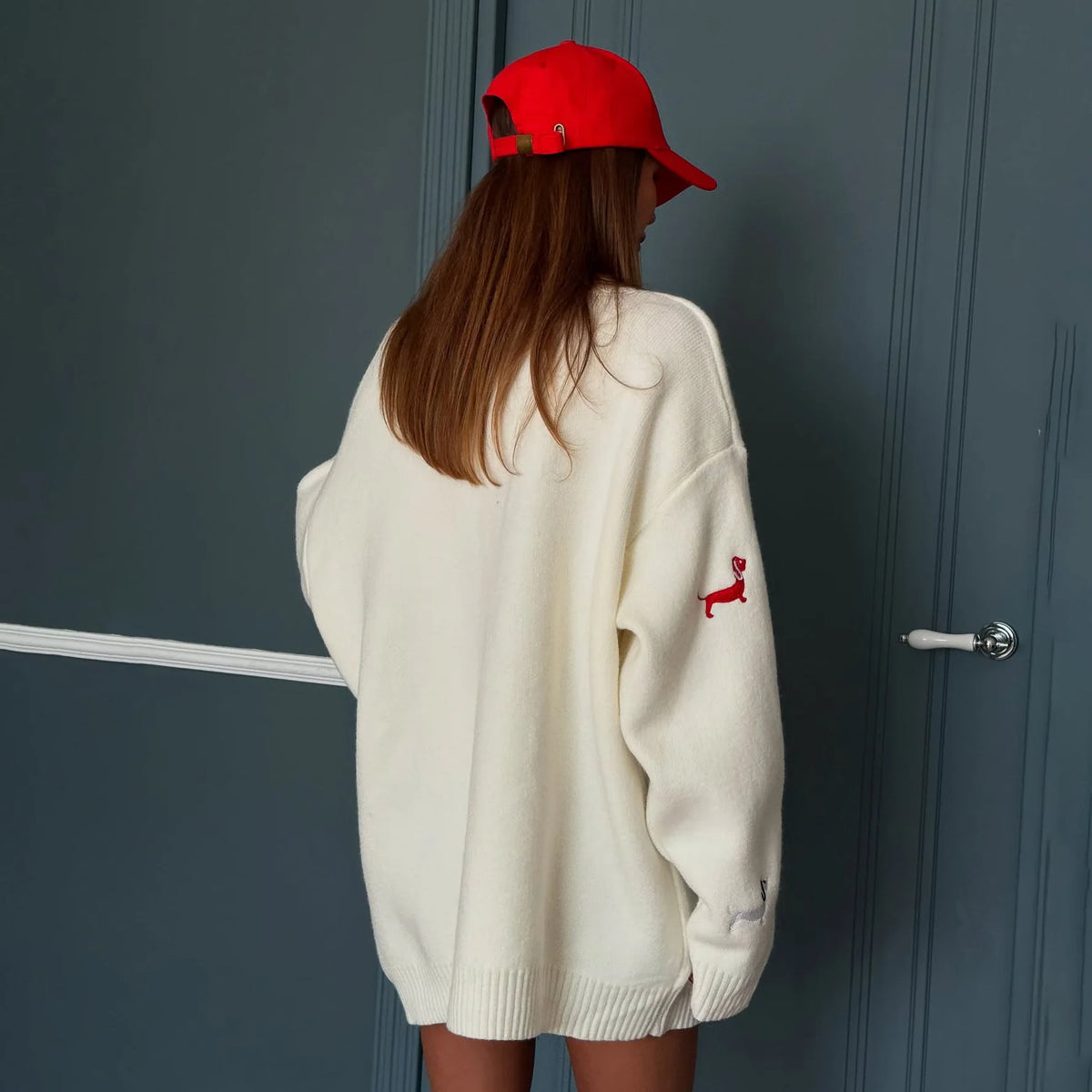 2025 Fall Winter Sweater Women Loose Cardigan Dachshund Embroidery Cute Sausage Long Sleeve Jacket Coat Casual 58917