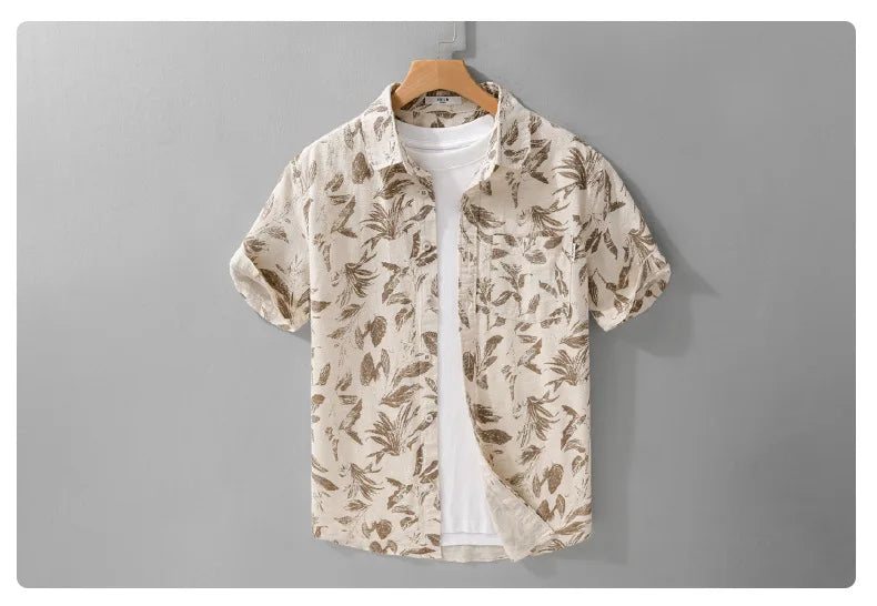 Summer New Printed Breathable Linen Cotton Short Sleeve Shirt for Men Clothing Casual Turn-down Collar Summer Shirt FY736