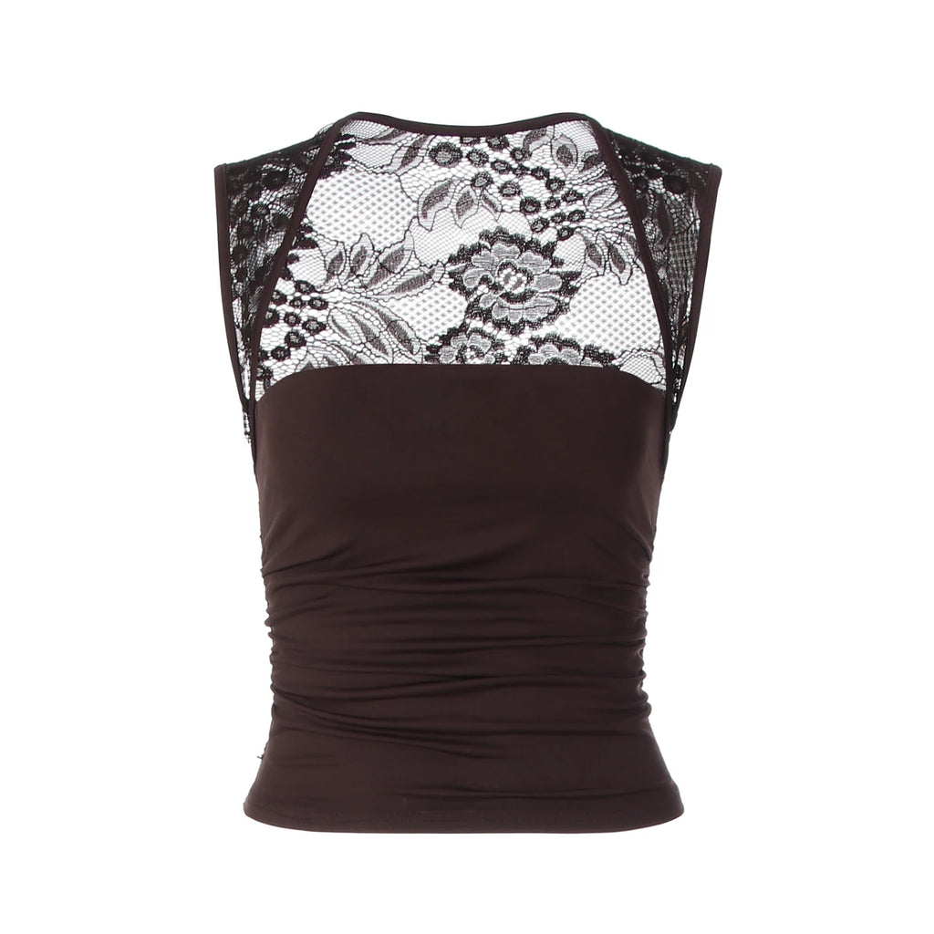 Hugcitar Women Fashion Square Collar Solid Patchwork Lace Sexy Crop Tank Top Summer Clothes Summer Clothes Streetwear Party