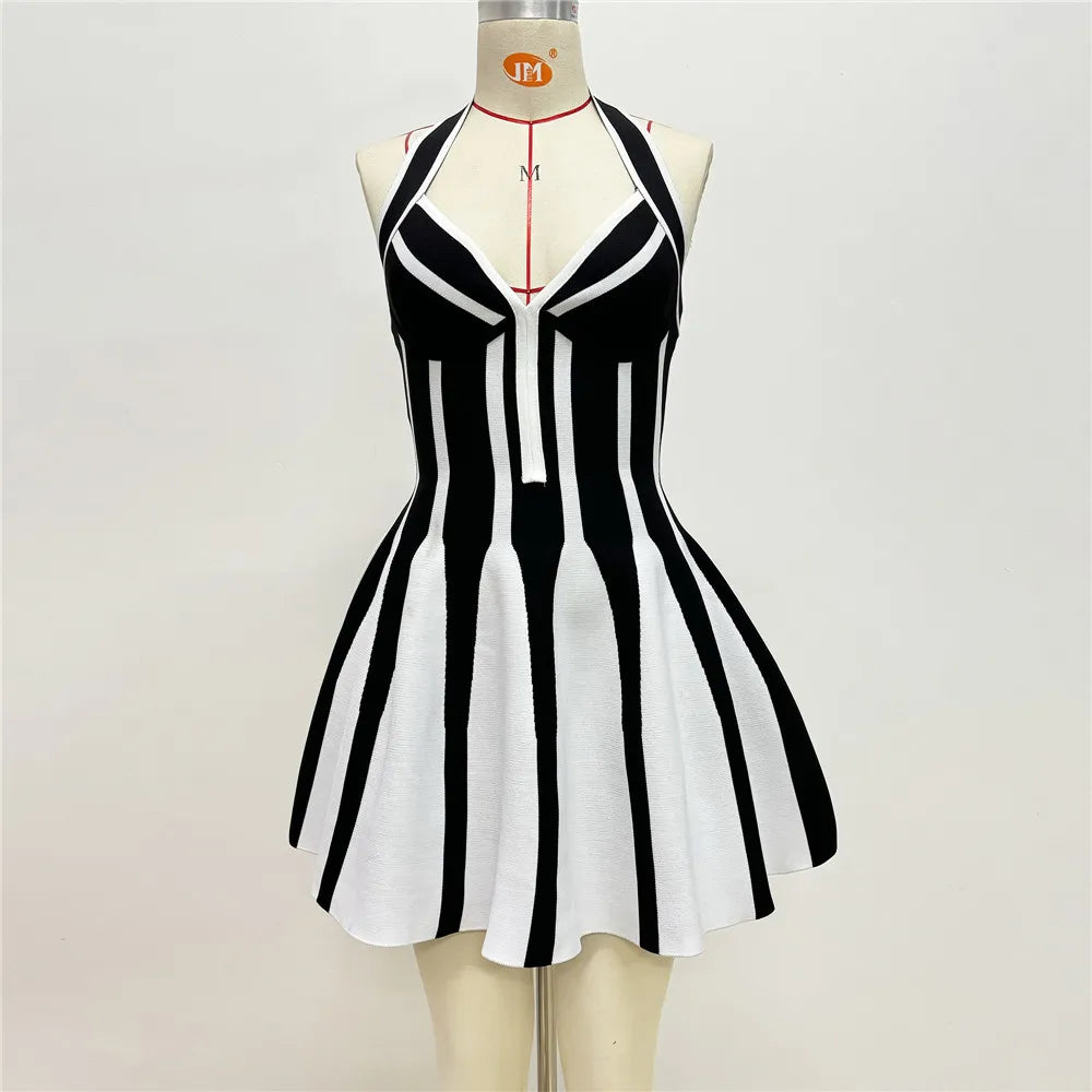 2025 New Sexy Halter Bandage Dress Women Patchwork Sleeveless Clothes Club Party Mini Dresses