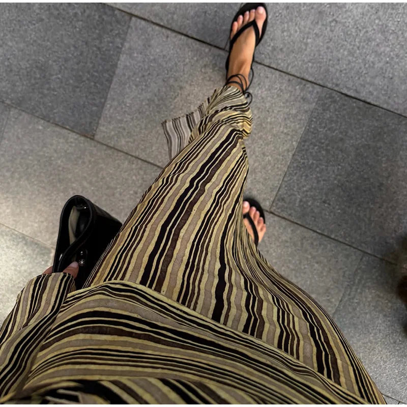 Multicolor Striped Shirt 2 Picec Set Button Front Blouse High Waist Flared Hem Maxi Skirt 2026 Summer Elegant Lady Vacation Suit