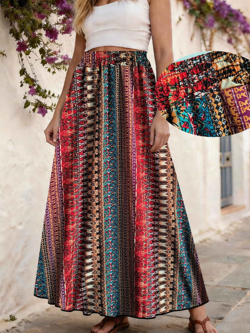 Ethnic Style Print Vacation A-Line Bohemian Long Beach Skirt