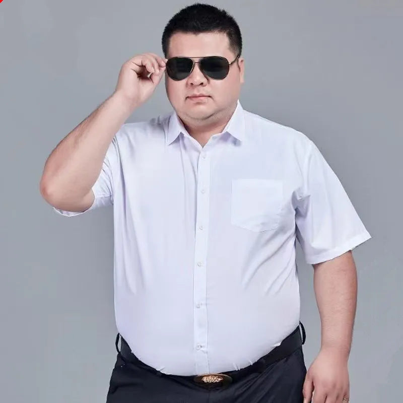 Plus Size 11XL 10XL Men's Business Shirt Casual Short Sleeve Summer Versatile Black-White Twill Plain Basic Social Formal 155KG