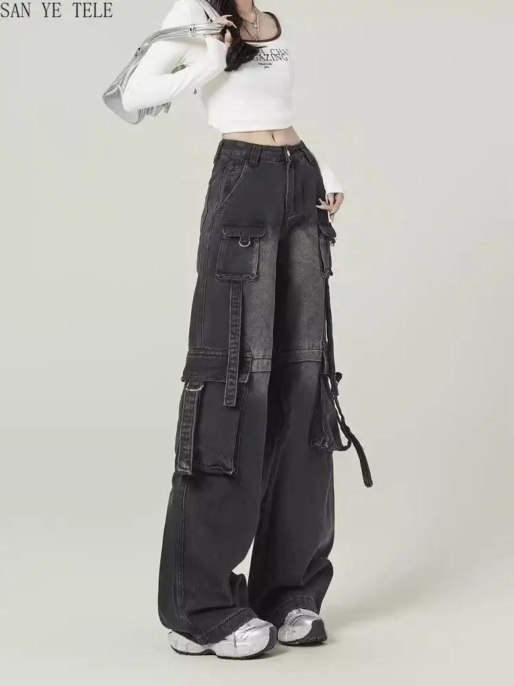 Black Gray Multi Pocket Cargo Jeans Women's Y2K Gothic Baggy Harajuku Oversize Denim Trousers Washed Straight Leg Wide Leg Pants