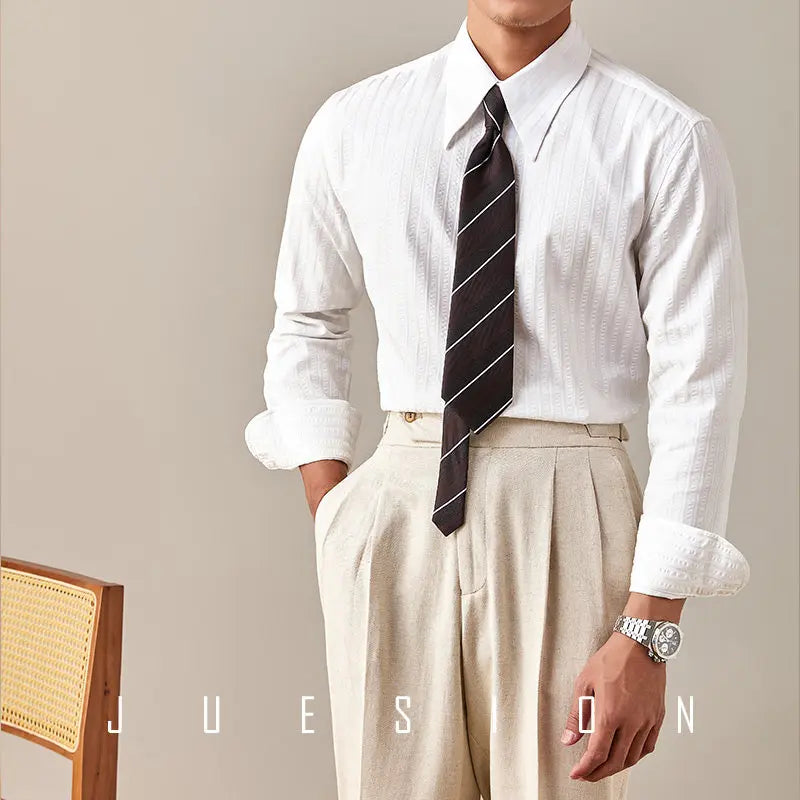 Anti-wrinkle Tianshan Cotton Italian Long Point Collar White Striped Shirt Men's Long Sleeve Casual Business Shirt