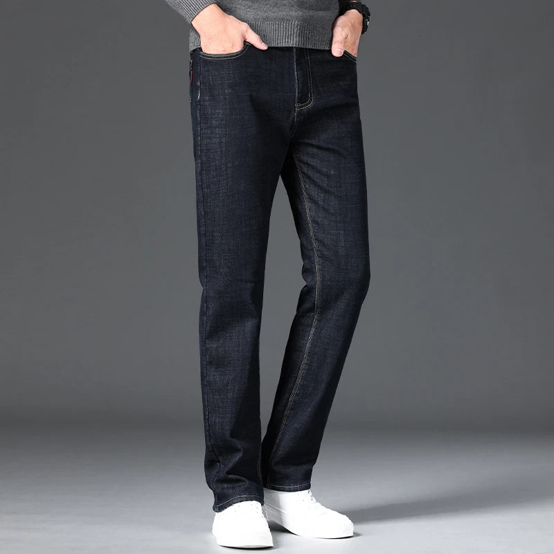 Men Winter Fleece Warm Jeans Brand 2024 Fashion Business Pants Retro Classic Denim Trousers Autumn Casual Stretch Slim Jeans Men