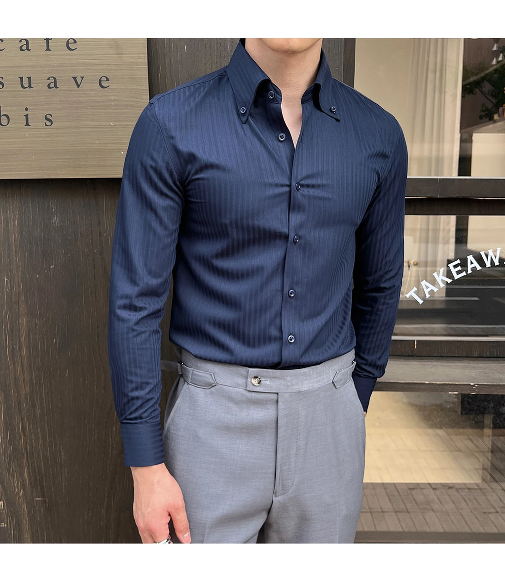 High-quality autumn men's new long-sleeve dark striped slim-fit shirt business casual formal workwear M-4XL