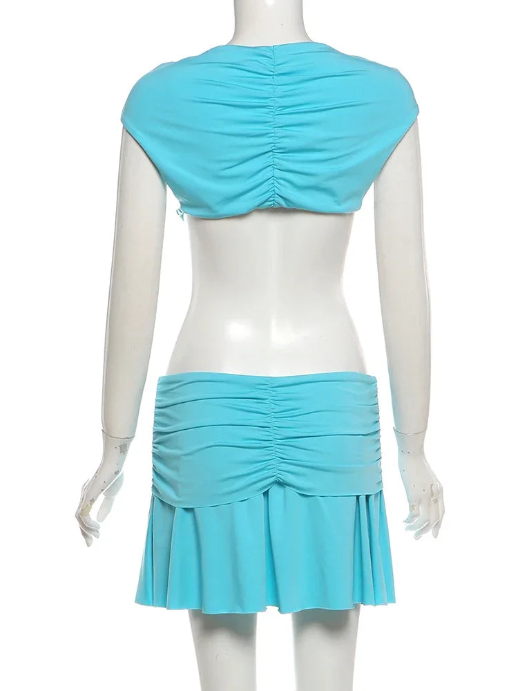 Joskaa Buckle Patchwork Blue Dress Woman Sexy  V-Neck Sleeveless Hollow Design Bodycon Mini Dresses Beachwear Party Clubwear