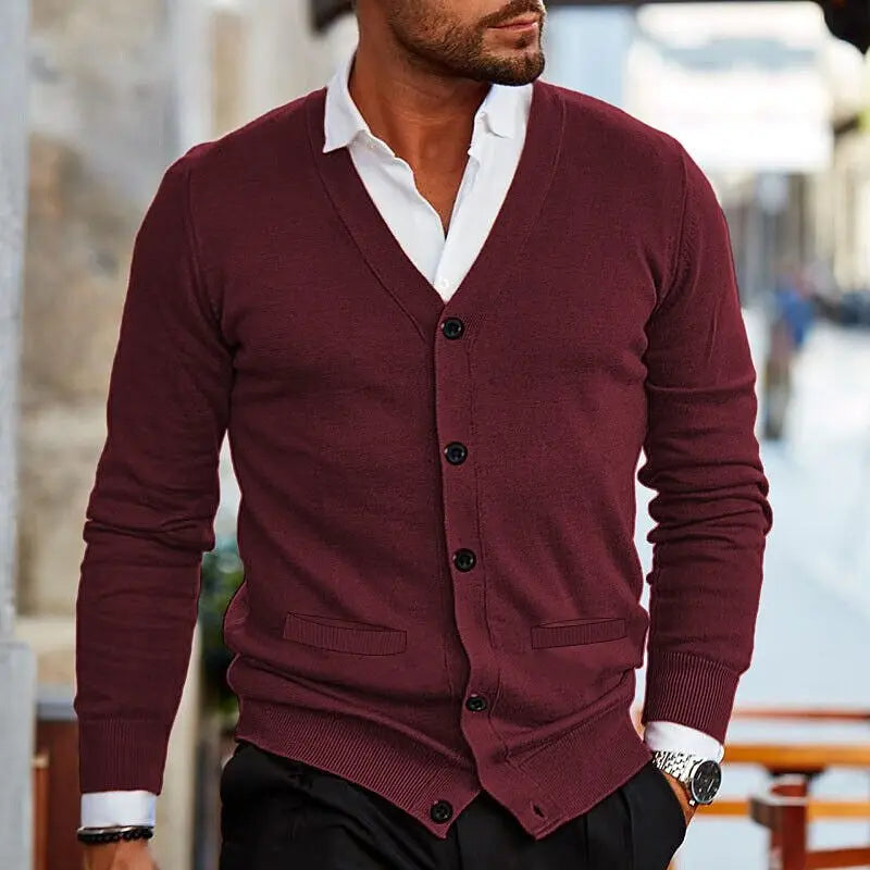 Spring Autumn Mens Solid Color Knitted Cardigan Fashion V-Neck Long Sleeve Slim Fit Sweater Coat with Pockets Men Knit Outwear
