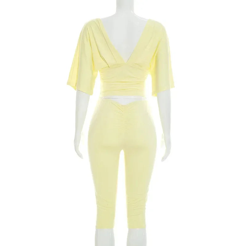 Women Sexy 2 Piece Pant Sets Summer Club Party Batwing Sleeve V Neck Crop Top Capri Pants Matching Set Beach Vacation Outfits